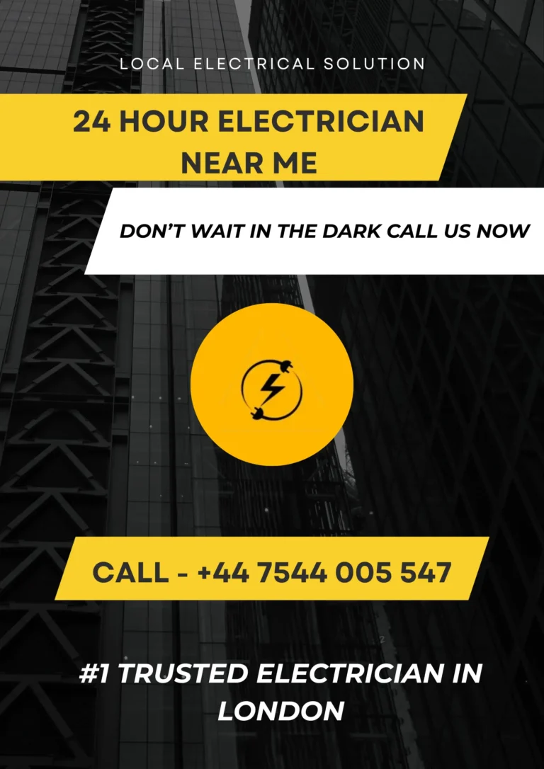 Black and Yellow color poster signifies the 24 hour electrician near me