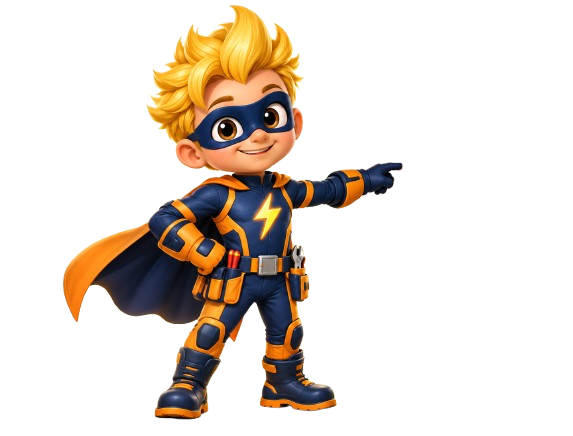 Cartoon electrician superhero checking a consumer unit